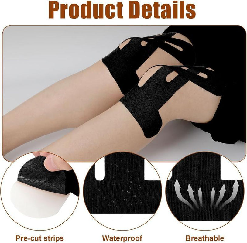 Precut Kinesiology Tape for Knees, 10 Pcs - Knee Support & Stability, Knee Pain Relief Athletic Tape - Waterproof & Elastic, Breathable Hypoallergenic Latex-Free Tape, Black Training Basketball