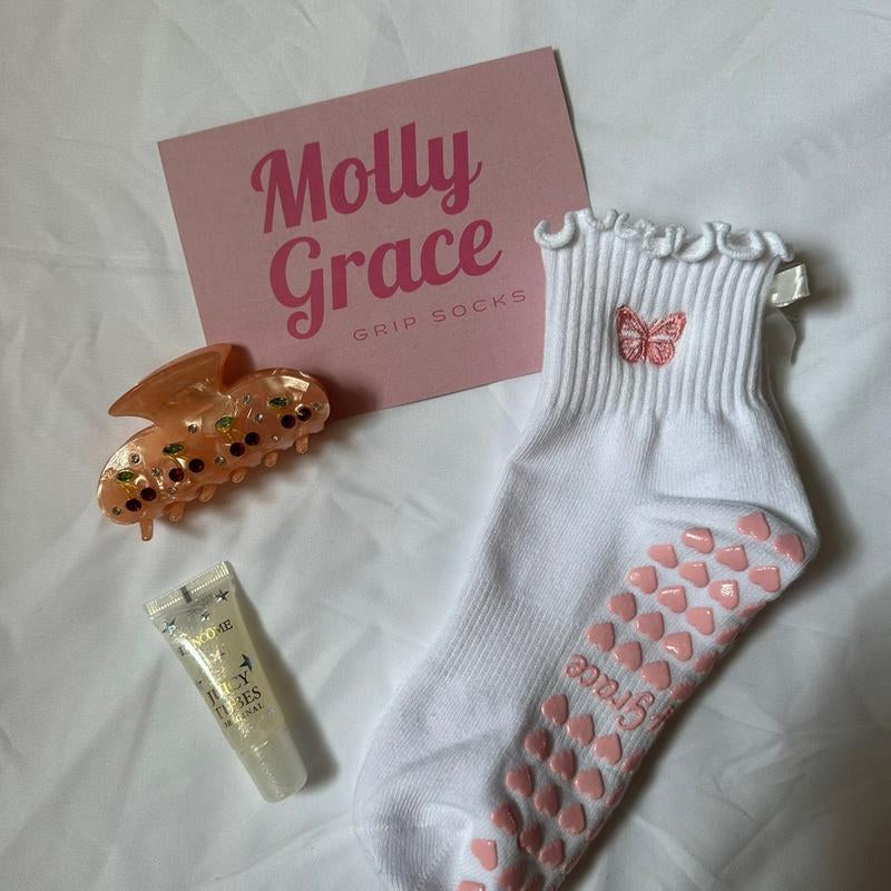 White Ruffle Grip Socks with Pink Embroidered Butterfly and White Bow for Pilates, Barre, Yoga or Lagree