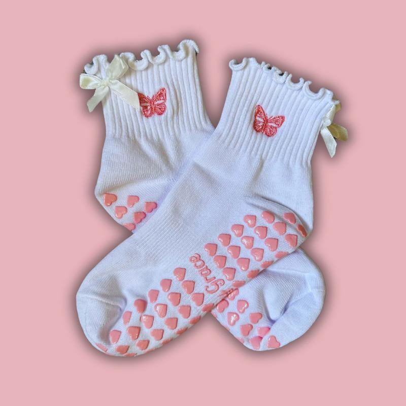 White Ruffle Grip Socks with Pink Embroidered Butterfly and White Bow for Pilates, Barre, Yoga or Lagree