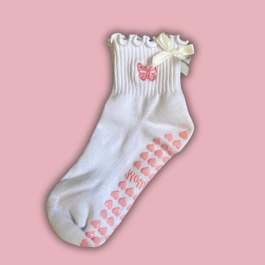 White Ruffle Grip Socks with Pink Embroidered Butterfly and White Bow for Pilates, Barre, Yoga or Lagree